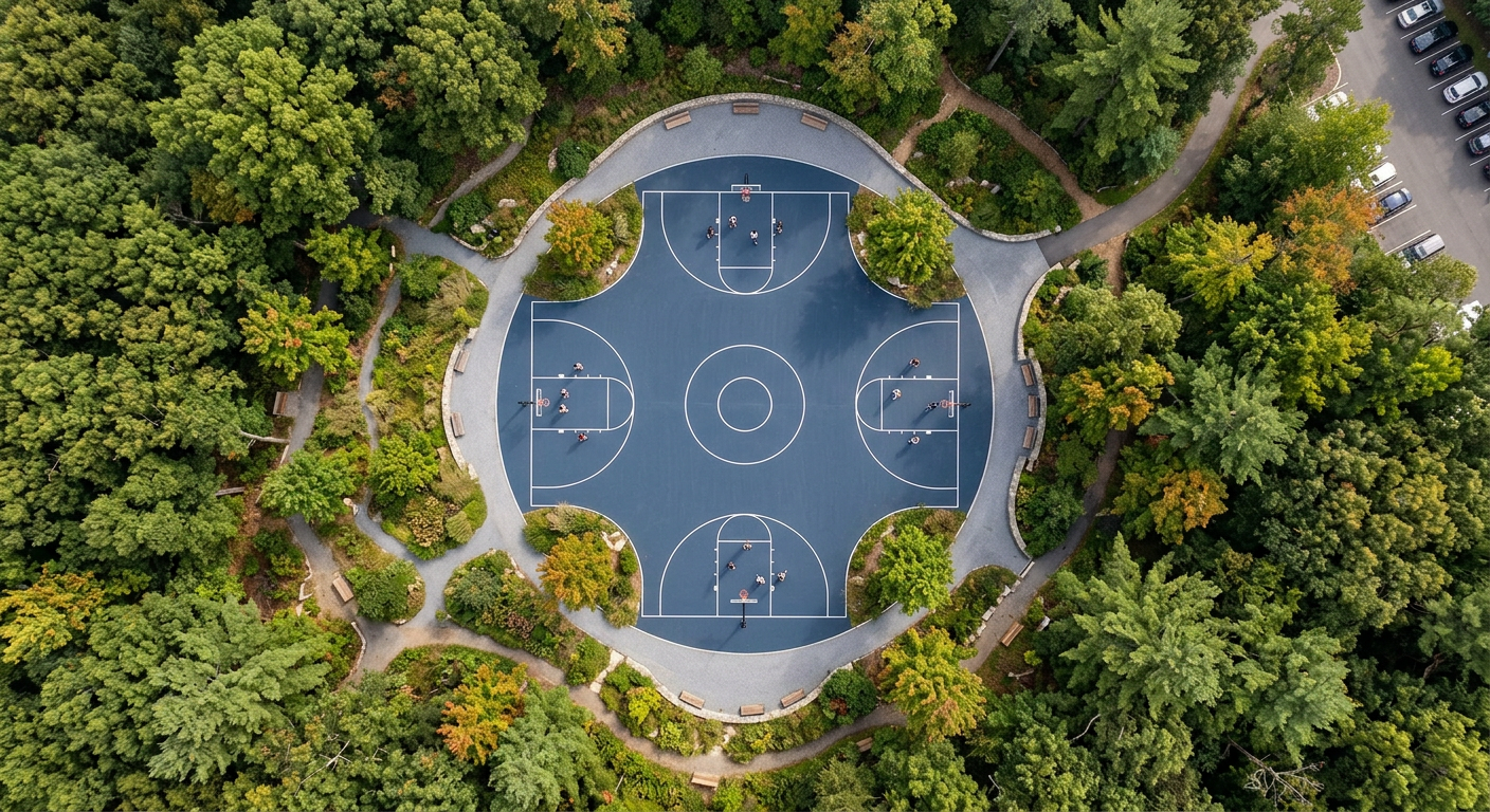 Aerial view of circular three-court basketball layout surrounded by trees