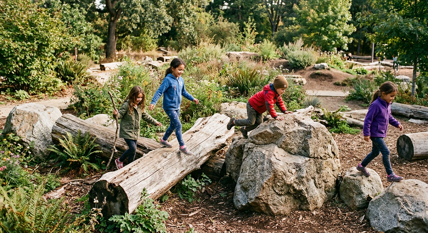 Children playing on boulders and logs in a naturalized playground setting
